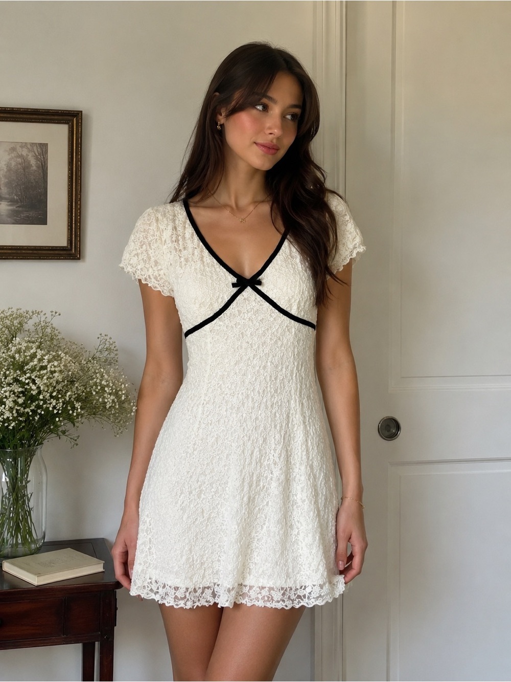 KIRIOUS Los Angeles White Lace Mini Dress Bow Detail Cottagecore Coquette Size M
